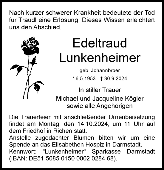 Traueranzeige von Edeltraud Lunkenheimer von Dieburger Anzeiger/Groß-Zimmerner Lokal-Anzeiger