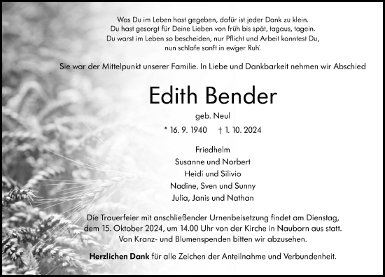 Traueranzeige von Edith Bender von Wetzlarer Neue Zeitung