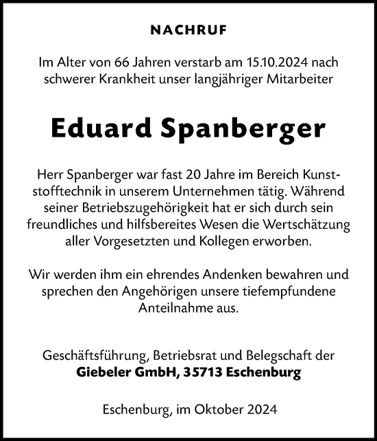 Traueranzeige von Eduard Spanberger von Dill Block