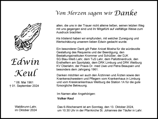 Traueranzeige von Edwin Keul von Weilburger Tageblatt