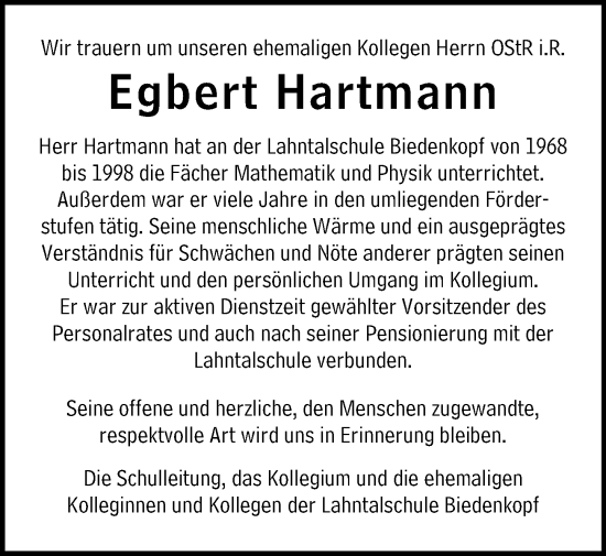 Traueranzeige von Egbert Hartmann von Hinterländer Anzeiger