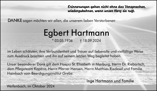 Traueranzeige von Egbert Hartmann von Hinterländer Anzeiger