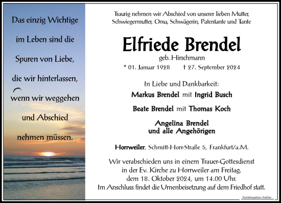 Traueranzeige von Elfriede Brendel von Allgemeine Zeitung Rheinhessen-Nahe