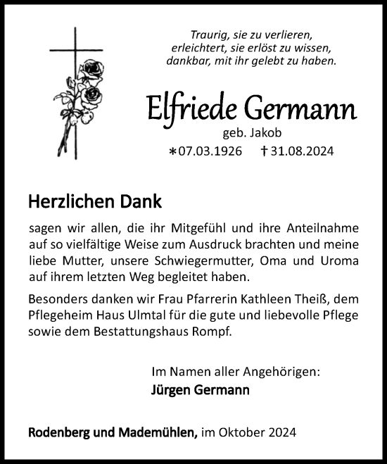 Traueranzeige von Elfriede Germann von Dill Block
