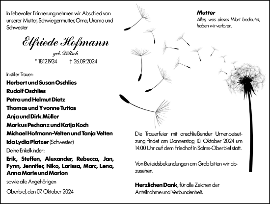 Traueranzeige von Elfriede Hofmann von Wetzlarer Neue Zeitung