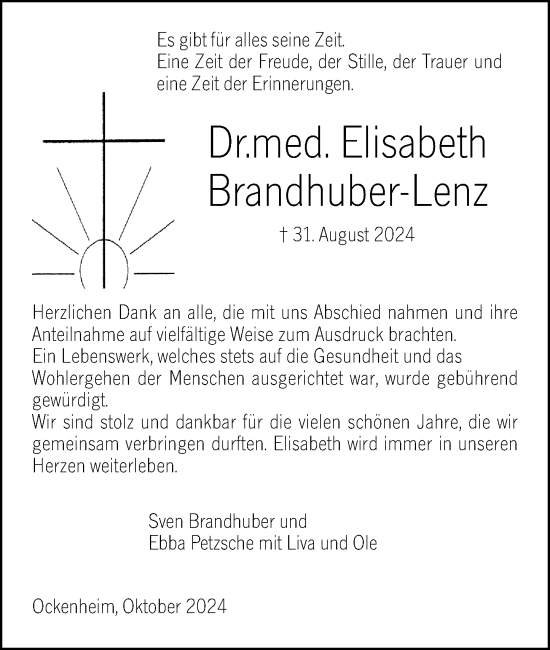 Traueranzeige von Elisabeth Brandhuber-Lenz von Allgemeine Zeitung Rheinhessen-Nahe