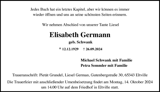 Traueranzeige von Elisabeth Germann von Rheingau Kurier