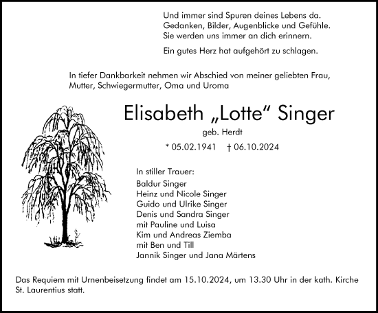 Traueranzeige von Elisabeth Singer von Allgemeine Zeitung Mainz