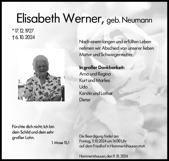 Traueranzeige von Elisabeth Werner von Hinterländer Anzeiger