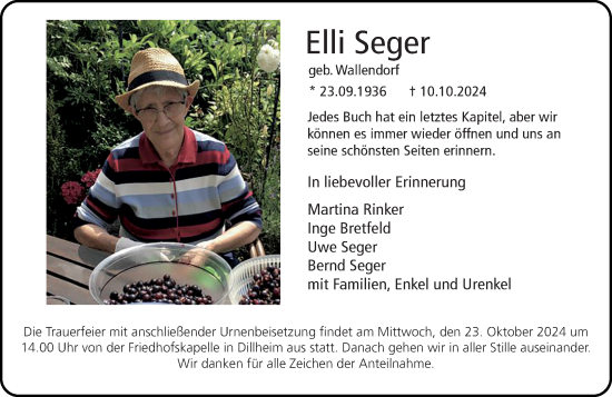 Traueranzeige von Elli Seger von Wetzlarer Neue Zeitung