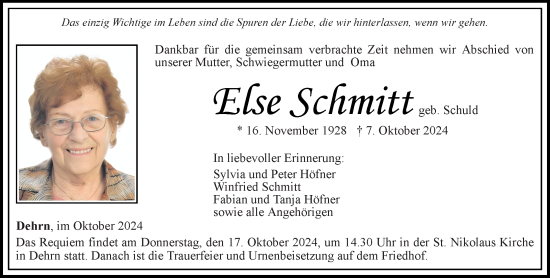 Traueranzeige von Else Schmitt von Nassauische Neue Presse