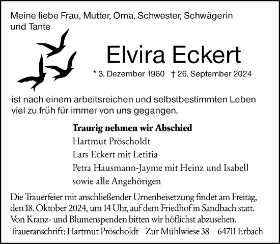Traueranzeige von Elvira Eckert von Odenwälder Echo