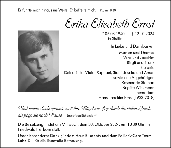 Traueranzeige von Erika Elisabeth Ernst von Dill Block