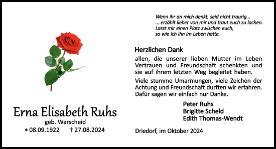 Traueranzeige von Erna Elisabeth Ruhs von Dill Block
