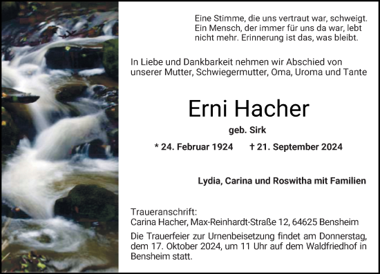 Traueranzeige von Erni Hacher von Darmstädter Echo