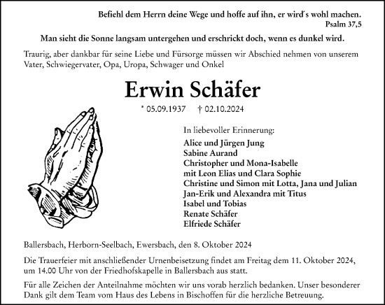 Traueranzeige von Erwin Schäfer von Dill Block