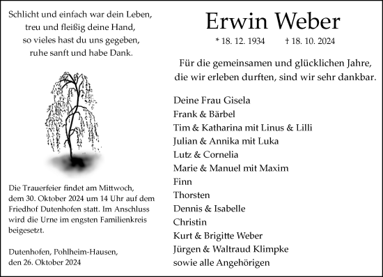 Traueranzeige von Erwin Weber von Wetzlarer Neue Zeitung