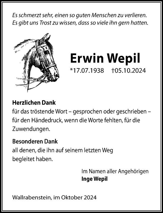 Traueranzeige von Erwin Wepil von Camberger Anzeiger