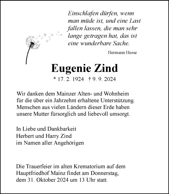 Traueranzeige von Eugenie Zind von Allgemeine Zeitung Mainz