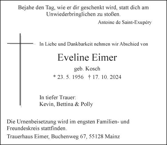 Traueranzeige von Eveline Eimer von Allgemeine Zeitung Mainz