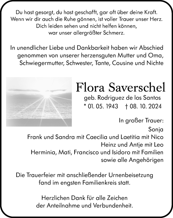 Traueranzeige von Flora Saverschel von Weilburger Tageblatt