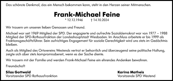 Traueranzeige von Frank-Michael Feine von Wiesbadener Kurier