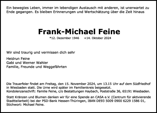Traueranzeige von Frank-Michael Feine von Wiesbadener Kurier