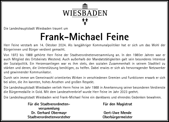 Traueranzeige von Frank-Michael Feine von Wiesbadener Kurier