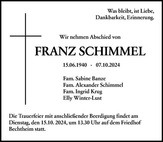 Traueranzeige von Franz Schimmel von Wormser Zeitung