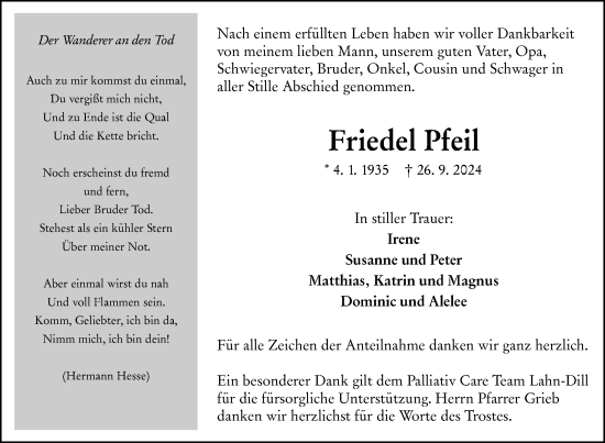Traueranzeige von Friedel Pfeil von Wetzlarer Neue Zeitung