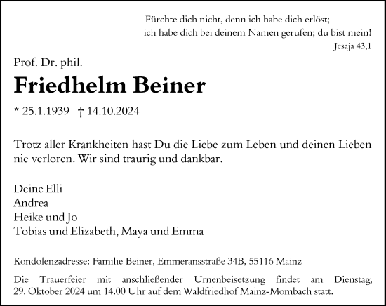 Traueranzeige von Friedhelm Beiner von Allgemeine Zeitung Mainz