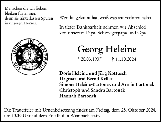Traueranzeige von Georg Heleine von Darmstädter Echo