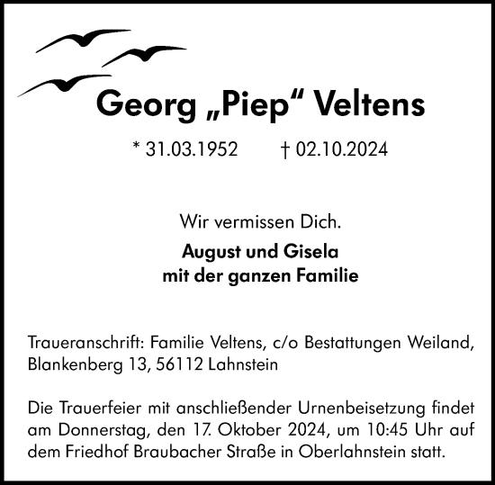 Traueranzeige von Georg Veltens von Darmstädter Echo