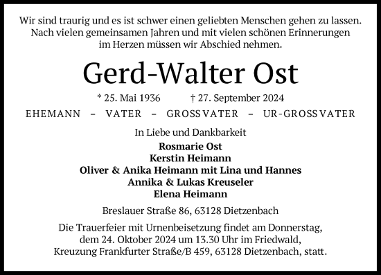 Traueranzeige von Gerd-Walter Ost von Rüsselsheimer Echo