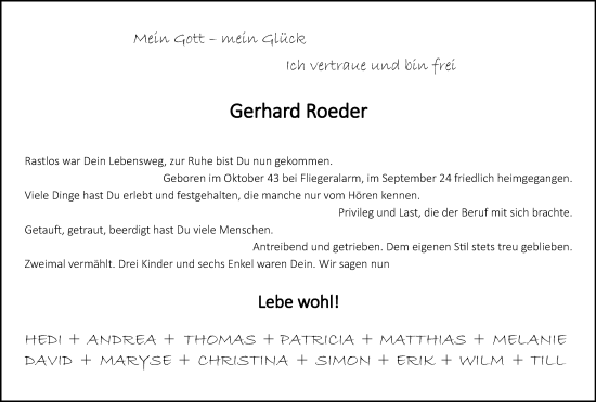 Traueranzeige von Gerhard Roeder von Rüsselsheimer Echo
