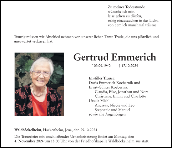 Traueranzeige von Gertrud Emmerich von Allgemeine Zeitung Rheinhessen-Nahe