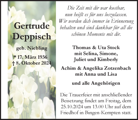 Traueranzeige von Gertrude Deppisch von Allgemeine Zeitung Rheinhessen-Nahe