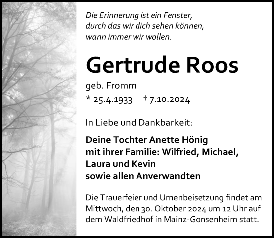 Traueranzeige von Gertrude Roos von Allgemeine Zeitung Mainz