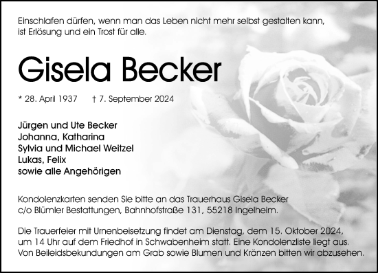 Traueranzeige von Gisela Becker von Allgemeine Zeitung Rheinhessen-Nahe