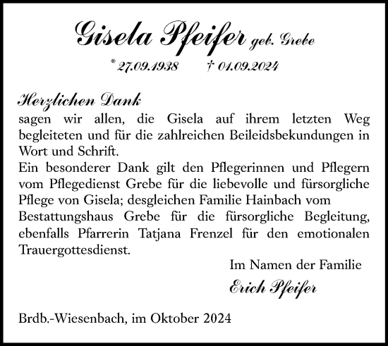 Traueranzeige von Gisela Pfeifer von Hinterländer Anzeiger