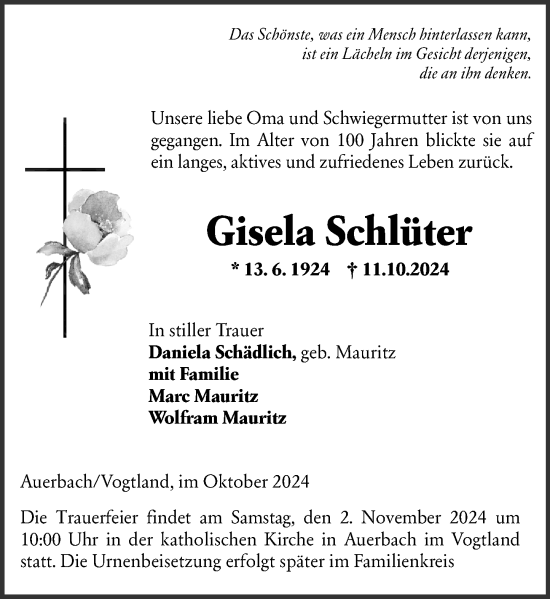 Traueranzeige von Gisela Schlüter von Allgemeine Zeitung Alzey