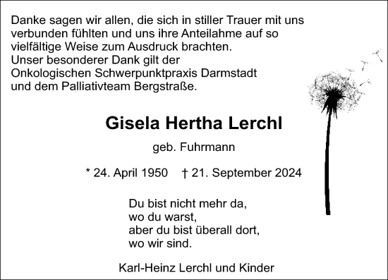 Traueranzeige von Gisela Hertha Lerchl von Starkenburger Echo