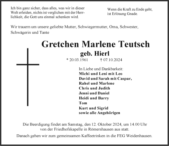 Traueranzeige von Gretchen Marlene Teutsch von Hinterländer Anzeiger