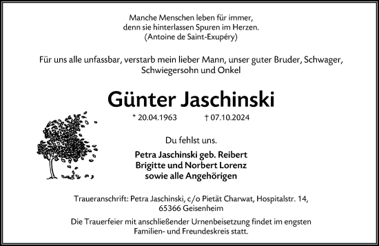 Traueranzeige von Günter Jaschinski von Wiesbadener Kurier