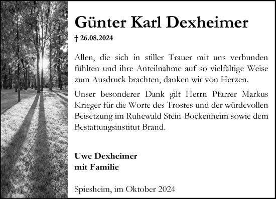 Traueranzeige von Günter Karl Dexheimer von Allgemeine Zeitung Alzey