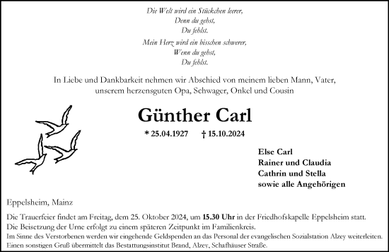 Traueranzeige von Günther Carl von Allgemeine Zeitung Alzey