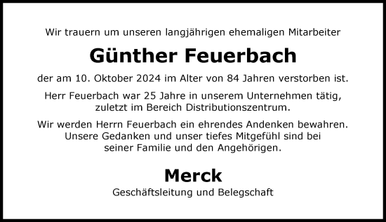 Traueranzeige von Günther Feuerbach von Darmstädter Echo