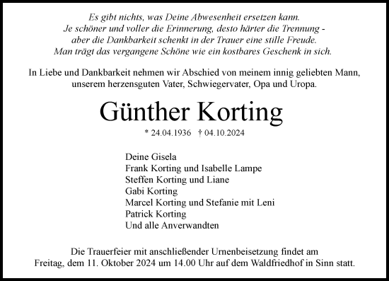 Traueranzeige von Günther Korting von Dill Block