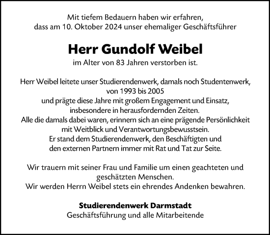 Traueranzeige von Gundolf Weibel von Darmstädter Echo