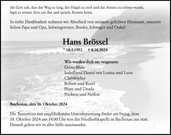 Traueranzeige von Hans Brössel von Hinterländer Anzeiger